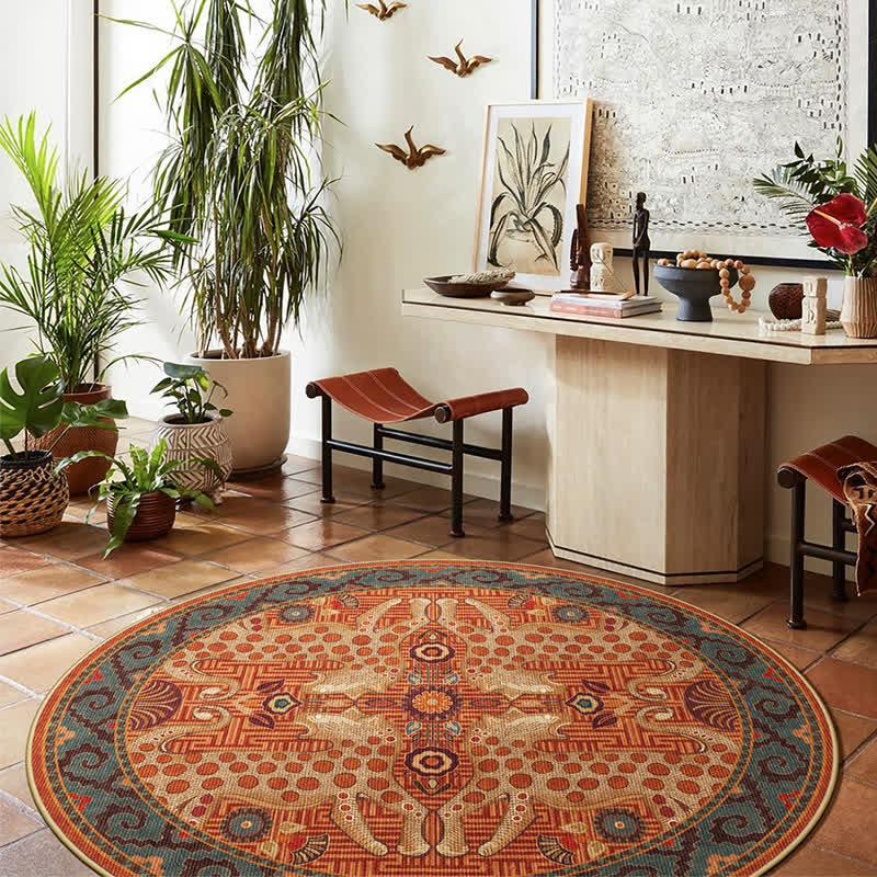 Vintage Exotic Round Leopard Area Rug