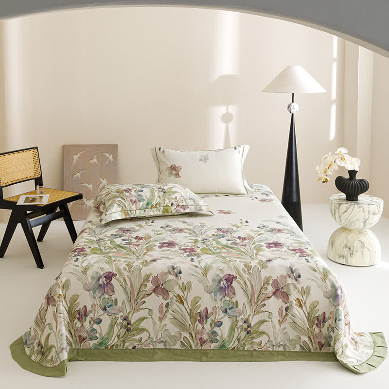 Orchid Print Cool Natural Fiber Bedspread - Green - 2PCS Pillowcases - 19" x 29" - image 0