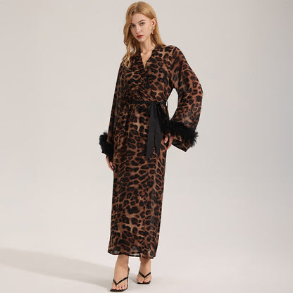 Leopard Print Long Sleeve Kimono Bathrobe