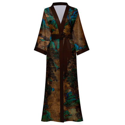 Oriental Landscape Print Kimono Bathrobe