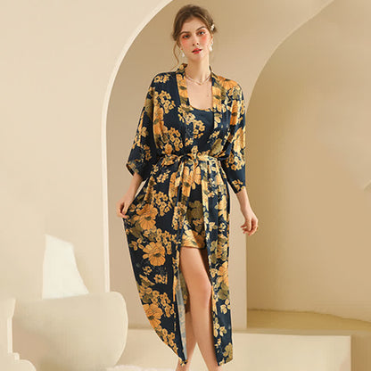 Yellow Floral Kimono Bathrobe Set