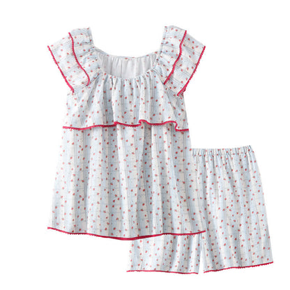 Red Floral Flutter Sleeve Cotton Sleepwear