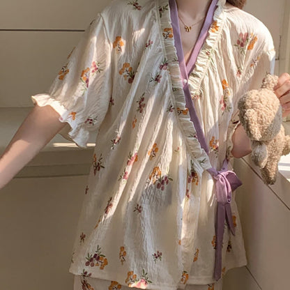 Floral Ruffle Sleeve Pajama Set