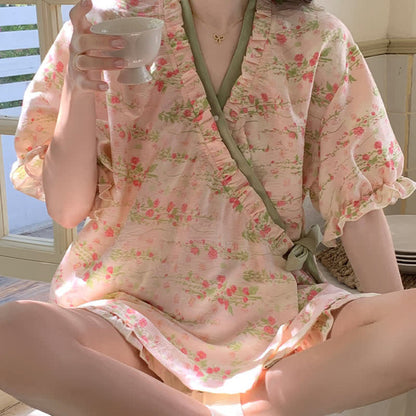 Pink Floral Ruffle Sleeve Pajama Set