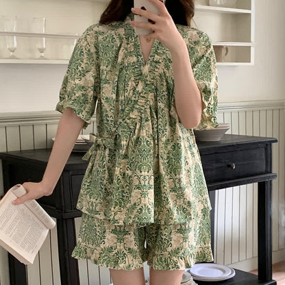 Green Floral Ruffle Sleeve Pajama Set - 2XL - image 0