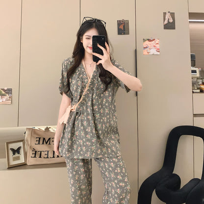 Rose Print Ruffle Kimono Sleepwear Set