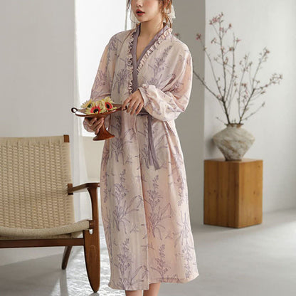 Purple Floral Ruffle Trim Kimono Robe