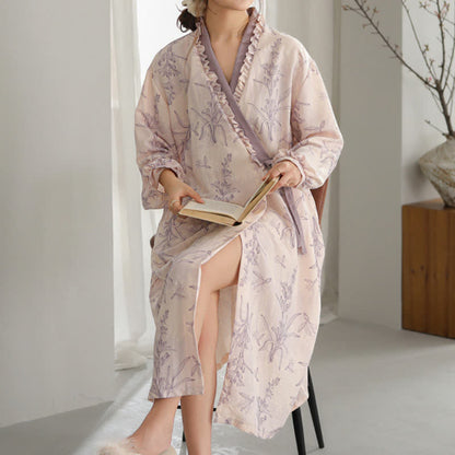 Purple Floral Ruffle Trim Kimono Robe