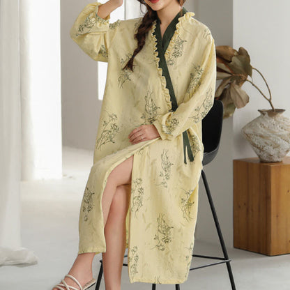 Rose Print Ruffle Trim Kimono Robe