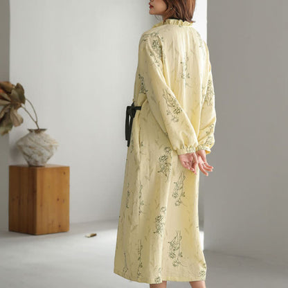 Rose Print Ruffle Trim Kimono Robe