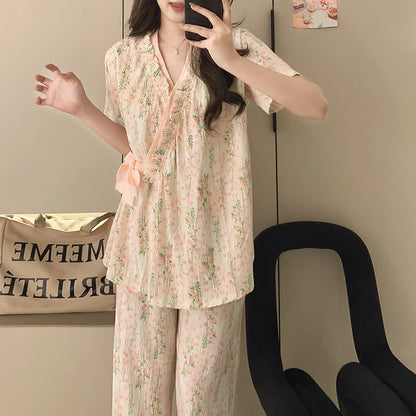 Floral Leaf Ruffle Kimono Sleepwear Set