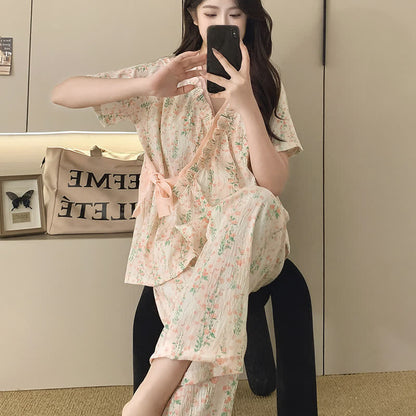 Floral Leaf Ruffle Kimono Sleepwear Set