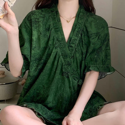 Stylish Botanical Ruffle Sleeve Pajama Set