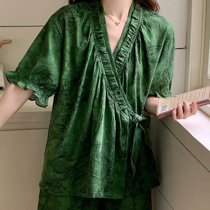 Stylish Botanical Ruffle Sleeve Pajama Set