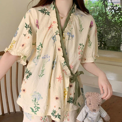 Hydrangea Botanical Ruffle Sleeve Pajama Set