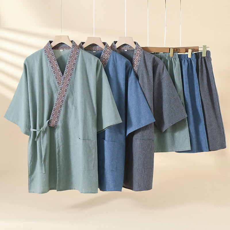 Solid Kimono Pajama with Geometric Collar