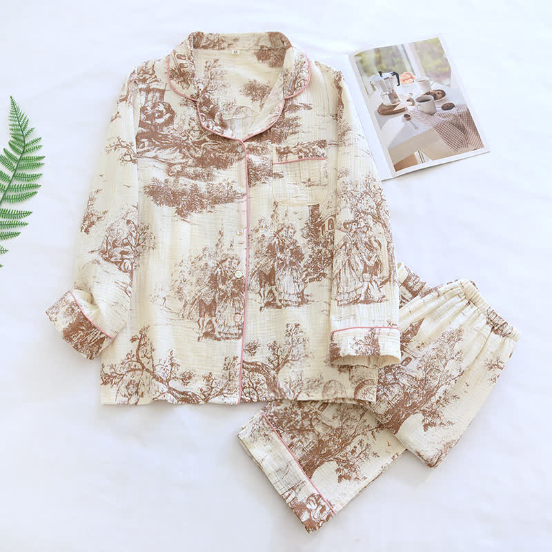 Ink-wash Toile Print Cotton Gauze Loungewear - Brown - XL - image 0
