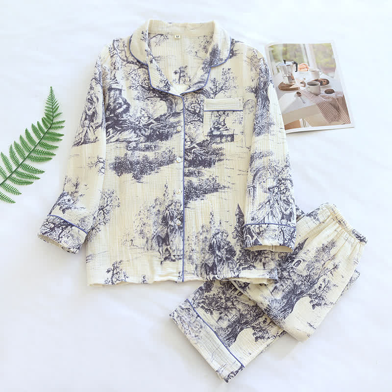 Ink-wash Toile Print Cotton Gauze Loungewear - Purple - XL - image 5