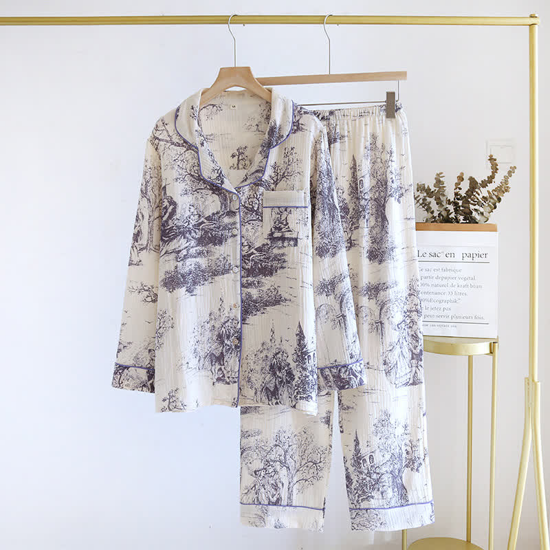 Ink-wash Toile Print Cotton Gauze Loungewear - image 4