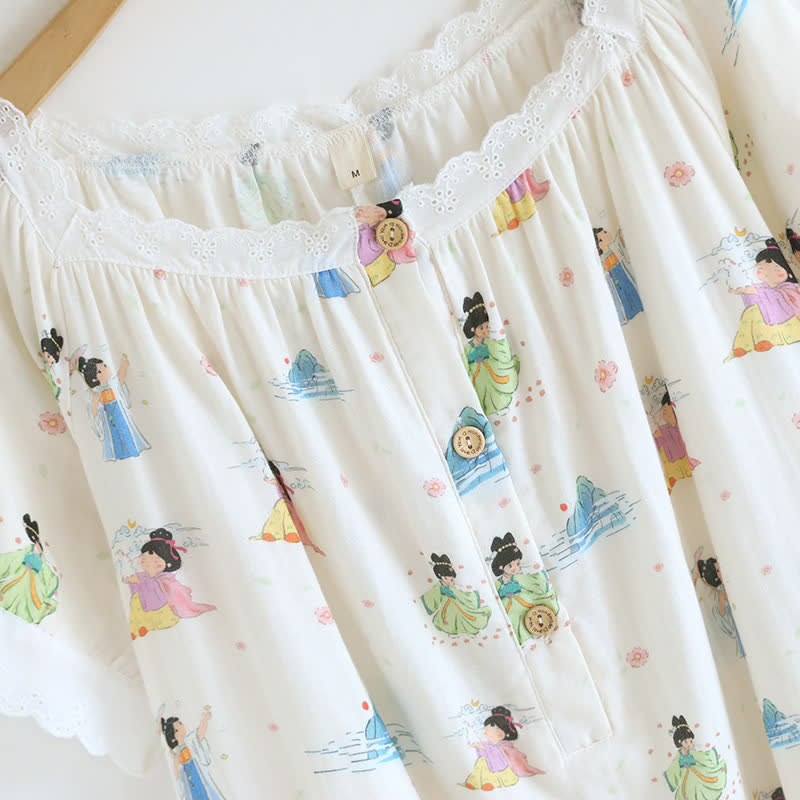 Oriental Cartoon Princess Cotton Lace Nightdress