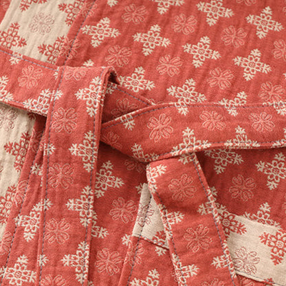 Unisex Red Geometric Cotton Kimono Loungewear
