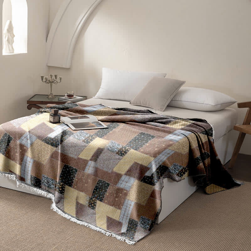 Plaid Patchwork Cotton Muslin Tassel Quilt