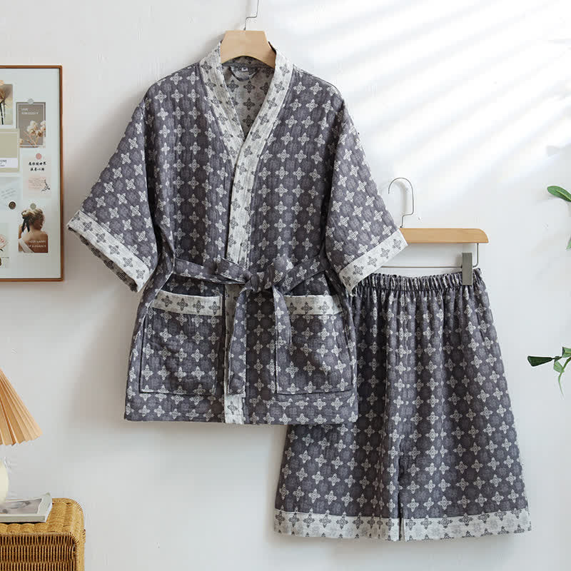 Unisex Red Geometric Cotton Kimono Loungewear