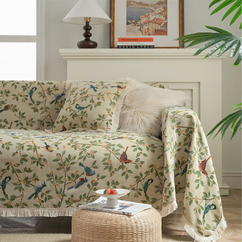 Tassel Floral Bird Soft Sofa Protector