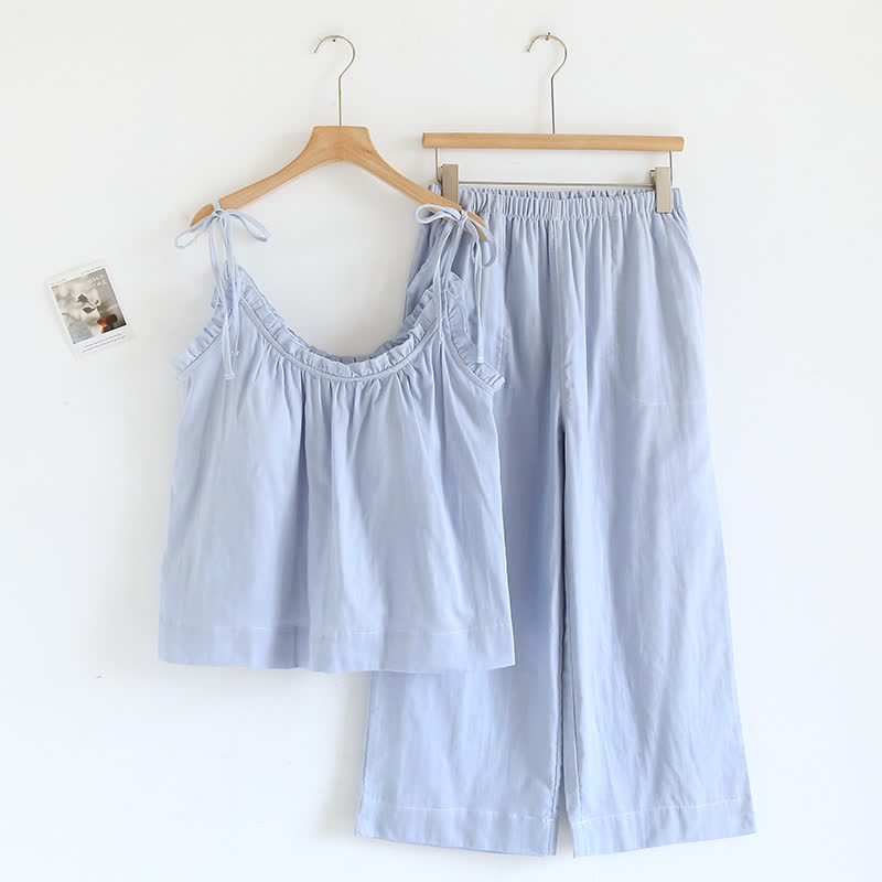 Solid Color Ruffle Cotton Camisole Pajamas - Blue - XL - image 3