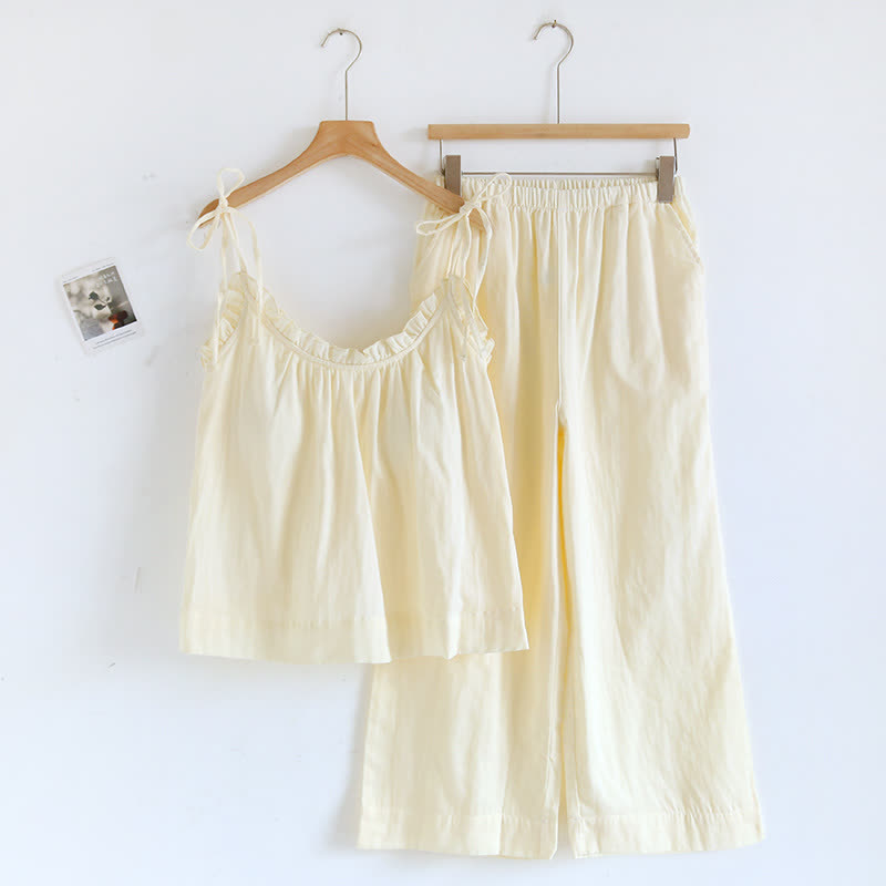 Solid Color Ruffle Cotton Camisole Pajamas - Yellow - XL - image 16