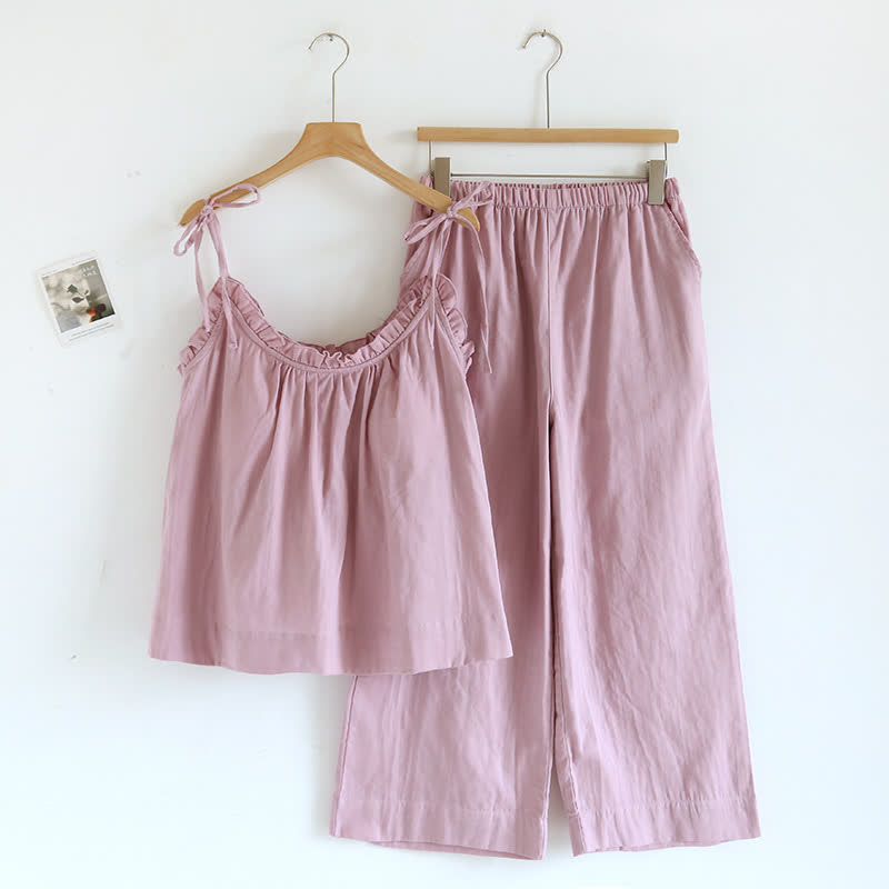 Solid Color Ruffle Cotton Camisole Pajamas - Pink - XL - image 15