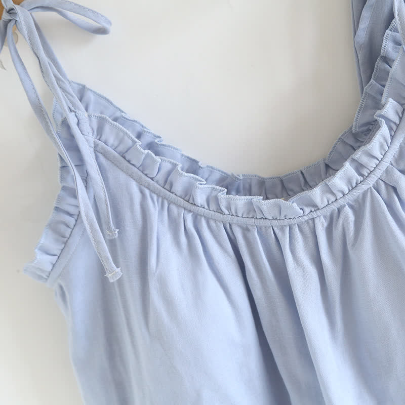 Solid Color Ruffle Cotton Camisole Pajamas - image 5