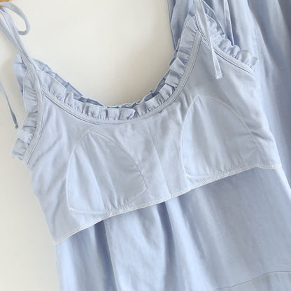 Solid Color Ruffle Cotton Camisole Pajamas - image 6