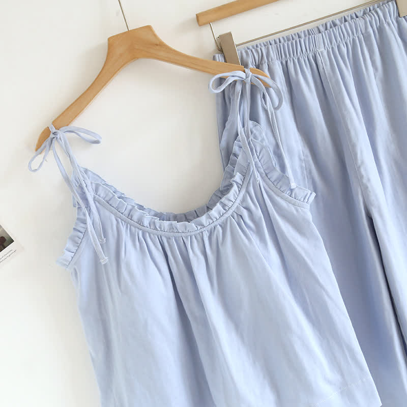 Solid Color Ruffle Cotton Camisole Pajamas - image 5