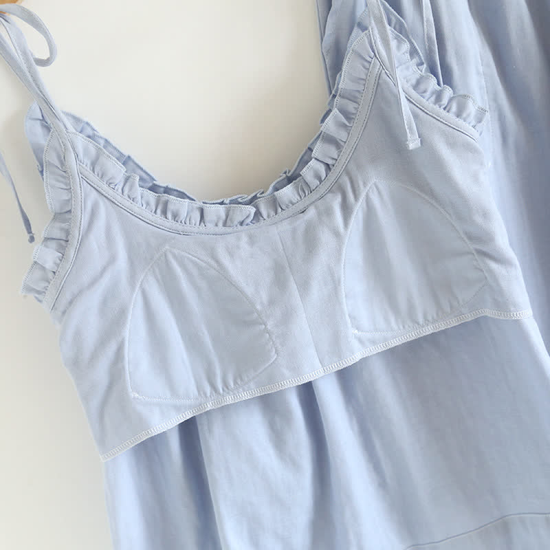 Solid Color Ruffle Cotton Camisole Pajamas - image 7
