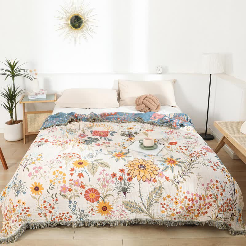 Blooming Sunflower Cotton Gauze Reversible Quilt