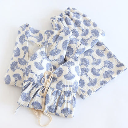 Blue Fan Print Cotton Loungewear Set (3PCS) - image 2