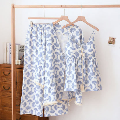 Blue Fan Print Cotton Loungewear Set (3PCS) - XL - image 0