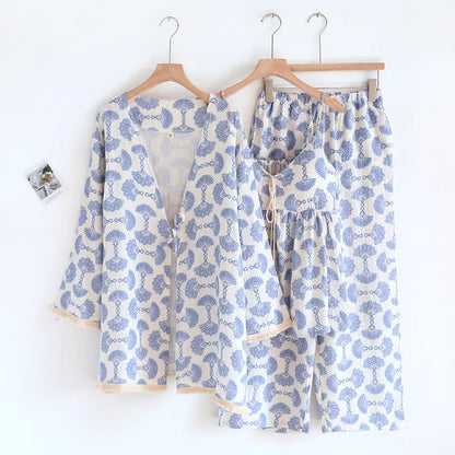 Blue Fan Print Cotton Loungewear Set (3PCS) - image 1