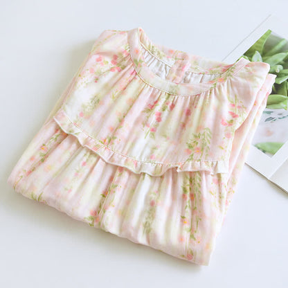Ruffle Neck Rose Print Cotton Nightgown