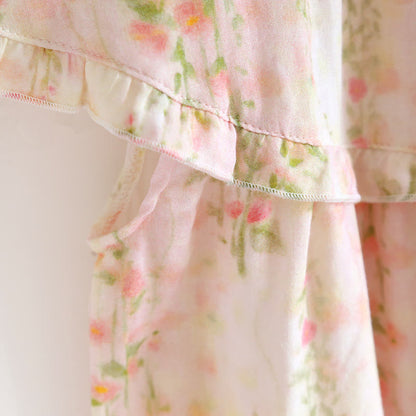 Ruffle Neck Rose Print Cotton Nightgown