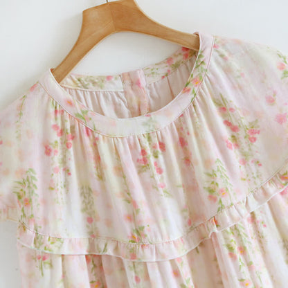 Ruffle Neck Rose Print Cotton Nightgown