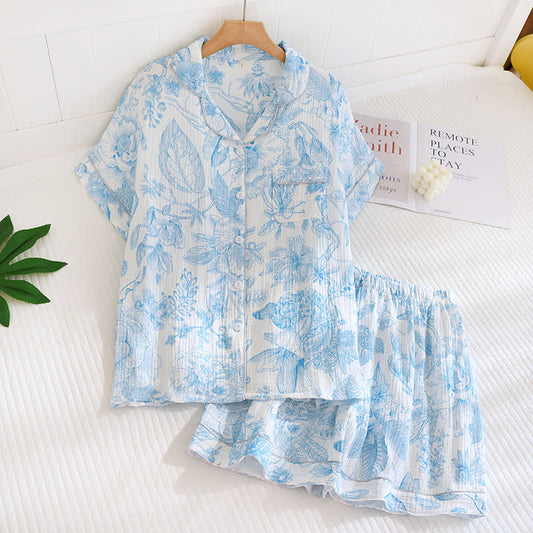 Toile Style Peony Cotton Loungewear Set - Sky Blue - XL - image 1