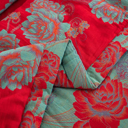 Red Peony Cotton Gauze Jacquard Quilt