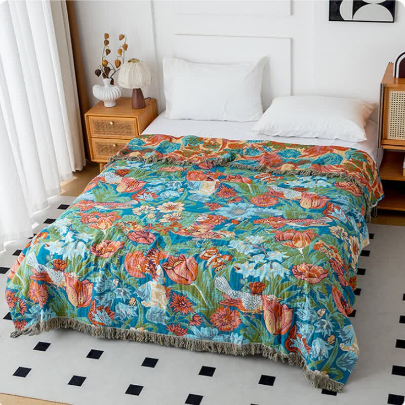 Tulip Gerbera Natural Cotton Tassel Blanket