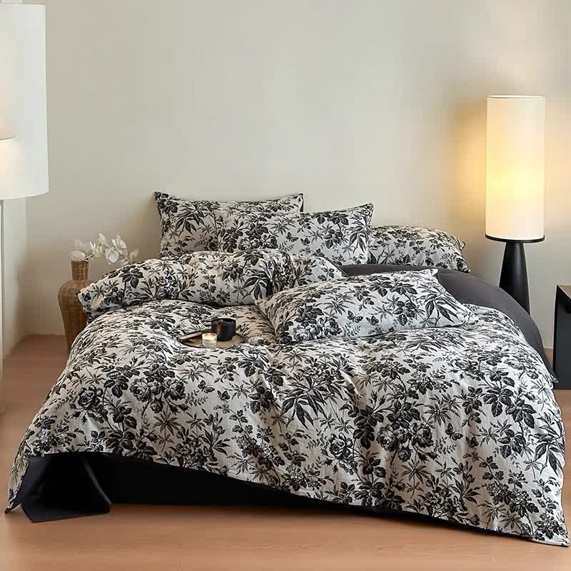 Black Camellia Natural Cotton Bedding Set(4PCS)