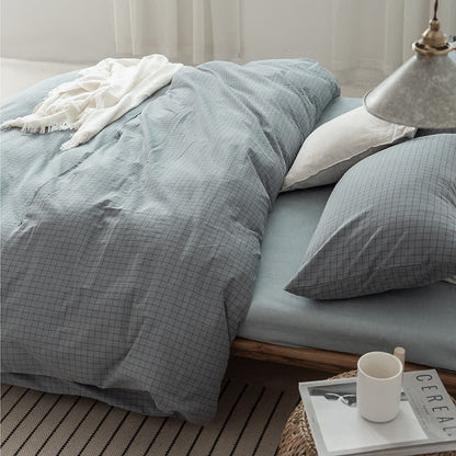 Minimalist Grid Pattern Cotton Dorm Bedding Set - Haze Blue - Cal King - image 4