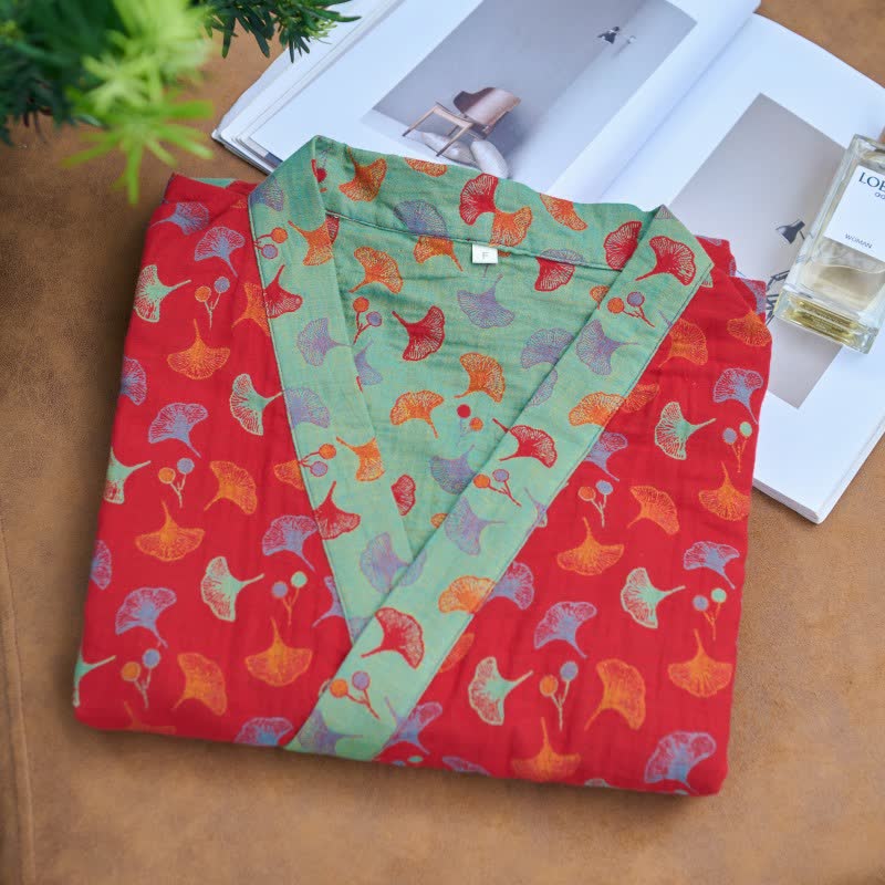 Two-Tone Ginkgo Cotton Gauze Kimono Robe - image 14