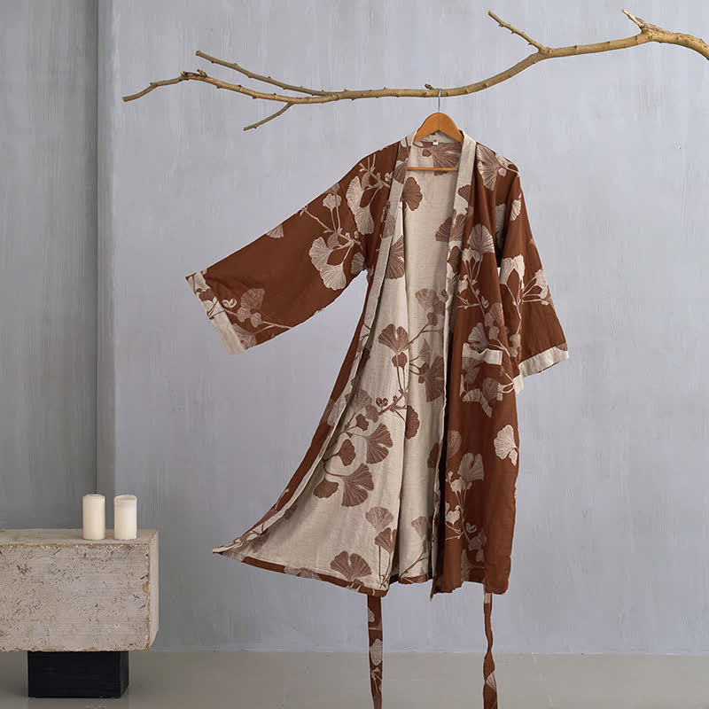 Grand peignoir kimono en coton avec feuilles de ginkgo - Café et beige - XL - image 6