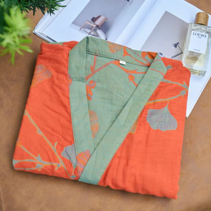 Grand peignoir kimono en coton avec feuilles de ginkgo - image 5
